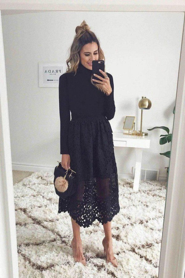 Black Long Sleevess lace Ankle length Summer Homecoming Dress