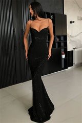 Black Sheath Spaghetti Straps Open Back Sequins Prom Dresses