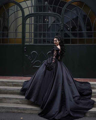 Black V neck Long Sleevess Ball gown Wedding Dress