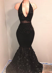 Black V-Neck Prom Party Gowns| Mermaid Evening Gown With Flowers Bottom