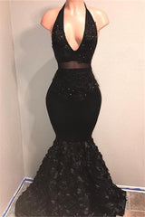 Black V-Neck Prom Party Gowns| Mermaid Evening Gown With Flowers Bottom