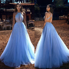 Blue Halter Beadings Long Prom Dress Tulle Evening Party Gowns