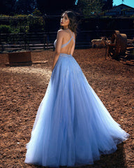 Blue Halter Beadings Long Prom Dress Tulle Evening Party Gowns