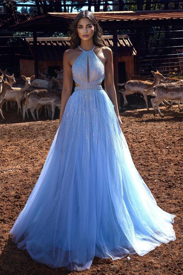 Blue Halter Beadings Long Prom Dress Tulle Evening Party Gowns