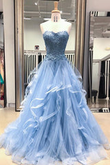 Gorgeous A Line Sweetheart Appliques Lace Prom Dresses with Ruffles