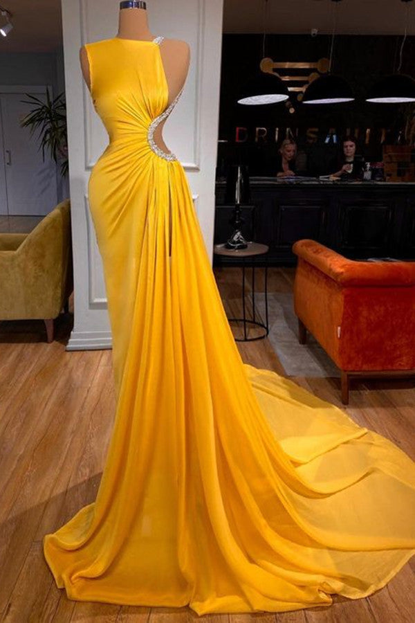 Bright Yellow Long Prom Dress Mermaid With Slit