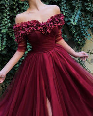 Burgundy A-line Off-the-Shoulder Tulle Flower Applique Prom Dresses