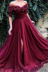 Burgundy A-line Off-the-Shoulder Tulle Flower Applique Prom Dresses