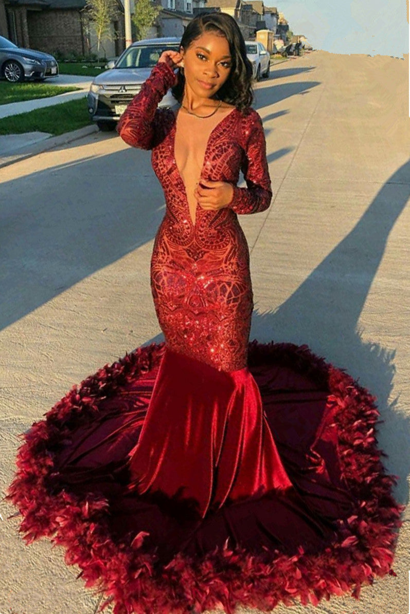 Burgundy Deep V-Neck Long Sleeve Mermaid Prom Dress With Sequins