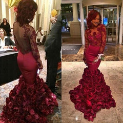 Burgundy Lace-Appliques Long-Sleeves Flowers-Train Mermaid Prom Dresses