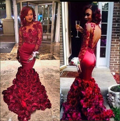 Burgundy Lace-Appliques Long-Sleeves Flowers-Train Mermaid Prom Dresses