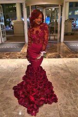 Burgundy Lace-Appliques Long-Sleeves Flowers-Train Mermaid Prom Dresses