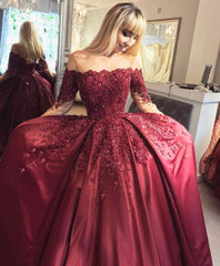 Burgundy Off-the-Shoulder Long-Sleeves Crystal Appliques Ball Prom Dresses