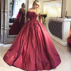 Burgundy Off-the-Shoulder Long-Sleeves Crystal Appliques Ball Prom Dresses