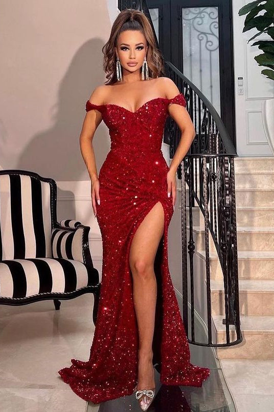 Burgundy Off-the-Shoulder Sequins Prom Dress Mermaid Long Slit