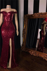 Burgundy Off-The-Shoulder Sequins Side-Slit Mermaid Prom Dresses