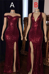 Burgundy Off-The-Shoulder Sequins Side-Slit Mermaid Prom Dresses