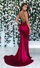 Burgundy Sleeveless Mermaid Backless Prom Dresses Spaghetti-Straps Lace Appliques Evening Gowns