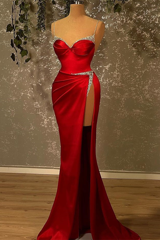 Burgundy Spaghetti-Straps Mermaid Evening Dress Sleeveless With Slit Beads