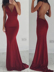 Burgundy Stretchy Spaghettis-Straps Backless Column Prom Dresses