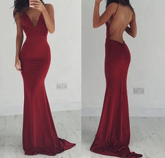 Burgundy Stretchy Spaghettis-Straps Backless Column Prom Dresses