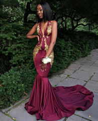 Burgundy V-Neck Prom Dress, Mermaid Evening Dress