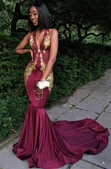 Burgundy V-Neck Prom Dress, Mermaid Evening Dress