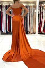 Burnt Orange Off-the-Shoulder Mermaid Prom Dress Long With Split