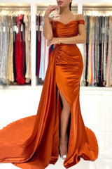 Burnt Orange Off-the-Shoulder Mermaid Prom Dress Long With Split