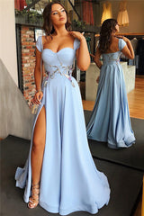 Cap Sleeves Open Back Blue Evening Dress Chic Side Slit Appliques Prom Dresses On Sale