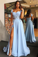 Cap Sleeves Open Back Blue Evening Dress Chic Side Slit Appliques Prom Dresses On Sale