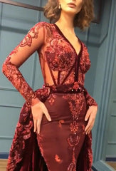 Charming Beading Burgundy Long Sleevess Prom Dresses with Appliques