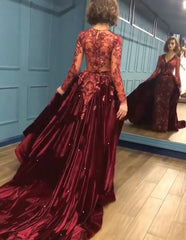 Charming Beading Burgundy Long Sleevess Prom Dresses with Appliques