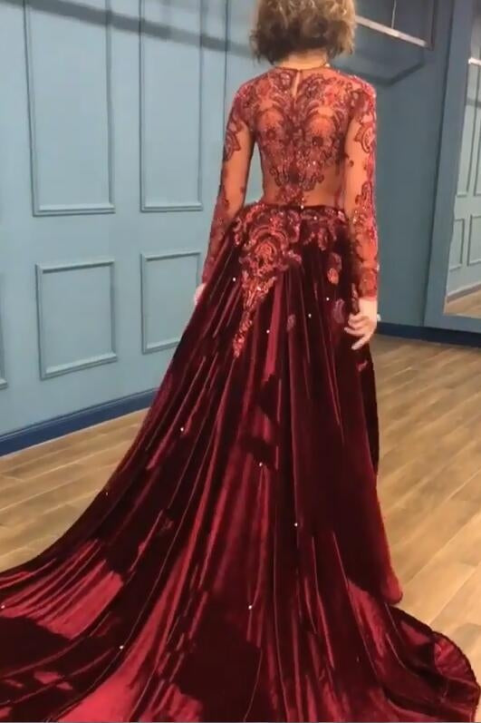 Charming Beading Burgundy Long Sleevess Prom Dresses with Appliques