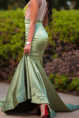 Charming Green Appliques Mermaid Prom Evening Maxi Dress Floor-Length Sweep Train Dress