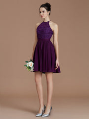 Charming Halter Sleeveless Lace Short/Mini Chiffon Bridesmaid Dresses