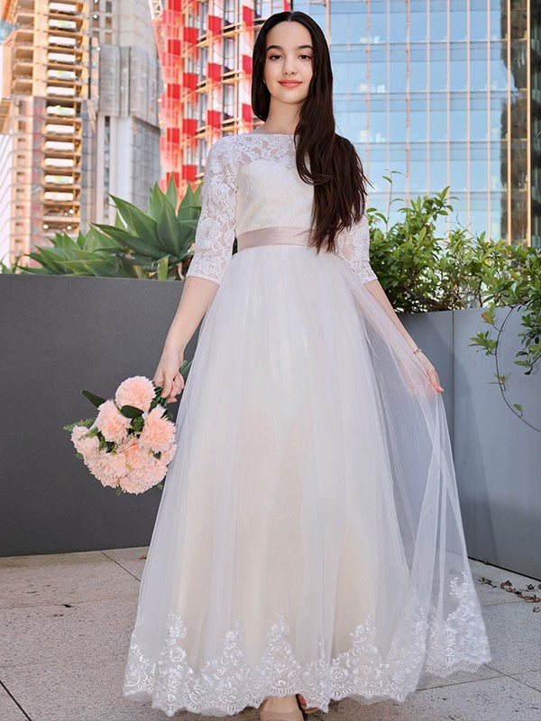 Charming Lace Applique Scoop 3/4 Sleeves Junior Bridesmaid Dresses