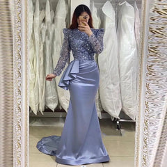 Charming Lavender Long Mermaid High Neck Beading Prom Dresses With Long Sleeves