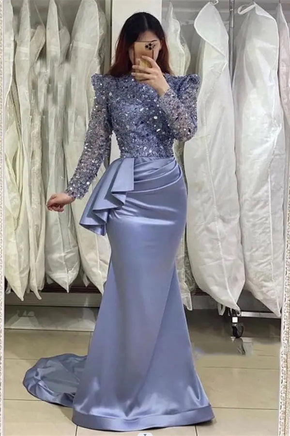 Charming Lavender Long Mermaid High Neck Beading Prom Dresses With Long Sleeves