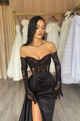 Charming Long Black Off-the-Shoulder Lace Mermaid Long Sleeves Prom Dresses Long Slit Online