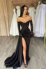 Charming Long Black Off-the-Shoulder Lace Mermaid Long Sleeves Prom Dresses Long Slit Online