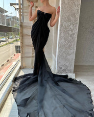 Charming Long Black Strapless Front Split Long Prom Dresses