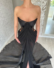 Charming Long Black Strapless Front Split Long Prom Dresses