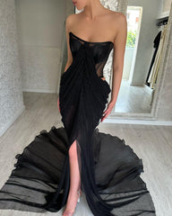 Charming Long Black Strapless Front Split Long Prom Dresses