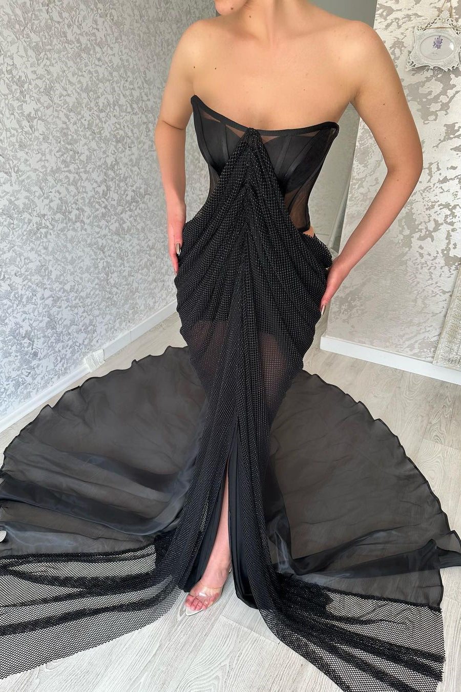 Charming Long Black Strapless Front Split Long Prom Dresses