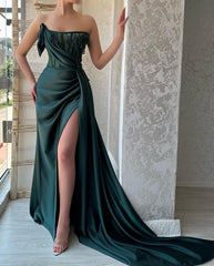 Charming Long Dark Green Sleeveless Beading Prom Dresses Long Slit Online