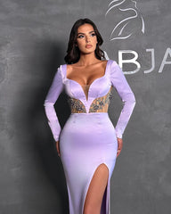 Charming Long Lilac Mermaid Beading Long Sleeves Prom Dresses Long Slit Online