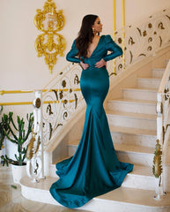 Charming Long Mermaid V-neck Beading Prom Dresses With Long Sleeves