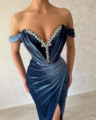 Charming Long Navy Off-the-Shoulder Ankle Length Prom Dresses Long Slit Online