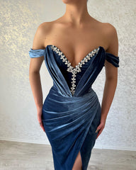 Charming Long Navy Off-the-Shoulder Ankle Length Prom Dresses Long Slit Online